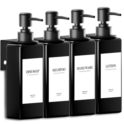 4 Pieces Wall Mounted Shower Soap Dispenser, Soap Dispenser Without Drilling 500 ml Black Shower Dispenser Shampoo and Body Wash with Funnel and Three-Dimensional Waterproof Labels for Bathroom, Kitchen