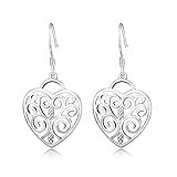 Filigree Earrings s925 Sterling Silver Hollow Love Heart Dangle Drop Earrings Jewelry (Heart)
