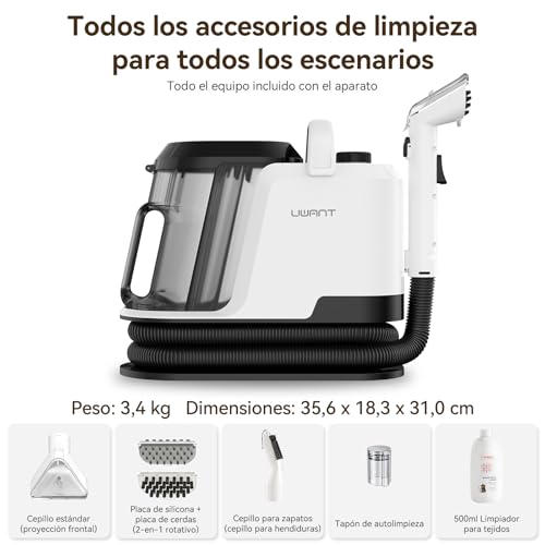 Uwant Y100 Aspiradora de Agua Tapiceria, 600W 18 kPa, Doble Depósito 1.2L y Autolimpieza, Higieniza 99.9% con Detergente 500ml y Cepillos, Limpiador de Tapicerías, Para Sofá, Alfombra y Colchón