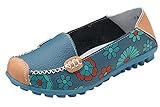 Maybest Women Bright Color Casual Flower Printed Slip On Leather Flat Pumps Moccasins Dancing Shoes (8.5 B (M) US, Dark blue)