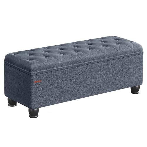 SONGMICS Storage Ottoman, Storage Bench, Tufted Entryway Bedroom Bench, 17.7 x 46.5 x 17.7 Inches, Hinges Easy Lid Operation, Wooden Legs, Linen-Look Cover, Loads 330 lb, Light Denim Blue ULOM070Q01