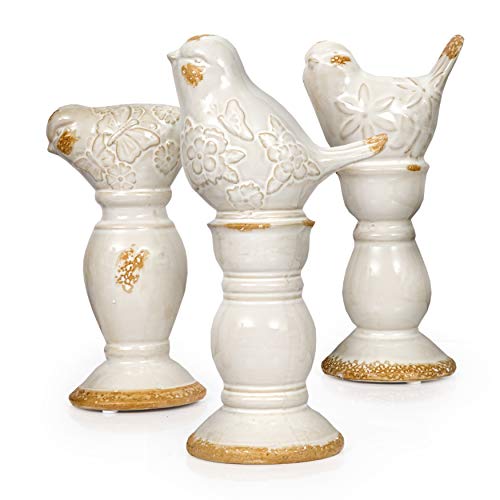 Set of 3 Rustic Ceramic Bird Finials - Home Garden, Pedestal, Yard Decoration - Shabby Chic Bird Decor