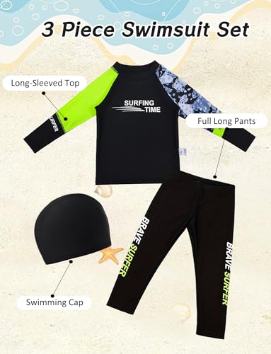 SEAUR Boys Swimsuits 3 Piece Long Sleeve Rash Guard Swimsuit Set Swimwear Bathing Suit Quick Dry Sun Protective Bathing Set for Kids Training Beach