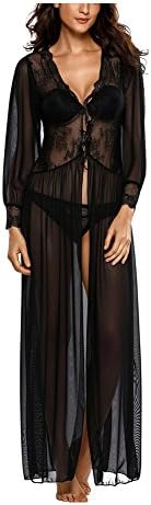 Lifeisbest Women Sexy Pajamas Sheer Long Sleeve Lace Robe with Thong(S(US2-6))