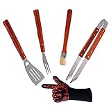 ChasBete BBQ Grilling Tools Set 5-Piece Stainless Steel Tools With Wood Handles And Grill Glove Barbecue Grilling Utensils Set - Spatula,Tongs,Fork,Basting Brush And Glove