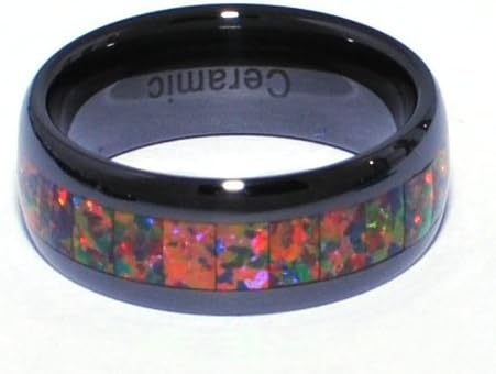 8mm Precious Opal Black Ceramic Ring with Red Inlays That Flashes with Orange, Red, and Slight Green Fire (11)