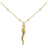 FRONAY 14k Gold Plated Sterling Silver Italian Horn Necklace for Women | Good Luck Cornicello Pendant | Made in Italy