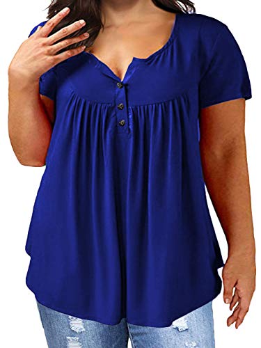 Women's Plus Size Loose Tunic Shirts Short Sleeve Buttons Blouse Tops Royal Blue 14W