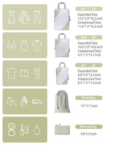 Panzong Compression Packing Cubes, 7 Set Travel Packing Cubes for Organizer Boxes, Compressible Luggage Cubes for Women/Men - Essential Travel Accessories for Carry on Suitcases (Beige)