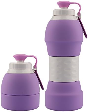 Uyue Collapsible Water Bottle - Foldable Silicon Sports Outdoor Travel Camping Bottles with Carabiner Pocket Sized BPA Free - 20 oz (Purple)