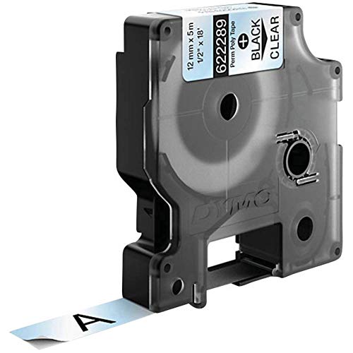 DYMO Rhino Industrie Permanente Polyesteretiketten | 12 mm x 5,5 m | Schwarz auf Transparent | selbstklebendes Schriftband | fuer DYMO Rhino und LabelManager Beschriftungsgeraet