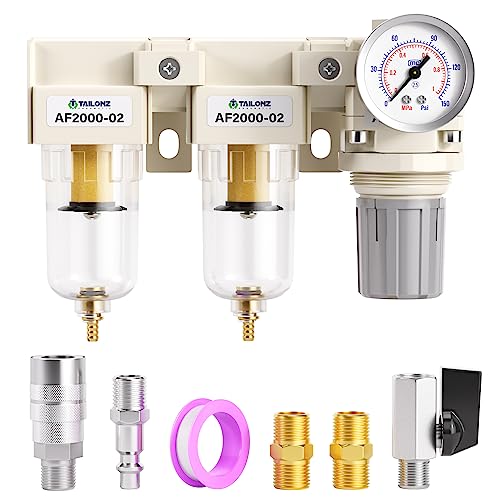TAILONZ PNEUMATIC 1/4 Inch BSP Automatische aftap luchtfilter drukregelaar Combo Piggyback, lucht gereedschap compressor filter met manometer AW2000- 02D