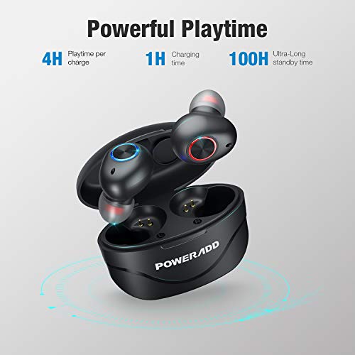 Bluetooth Earbuds Wireless, POWERADD True Wireless Earbud Bluetooth 5.0 Bass Stereo Headphones - IPX7 Waterproof & Noise Cancelling & Ergonomic in-Ear Earphones with Charging Case & Microphones, Black