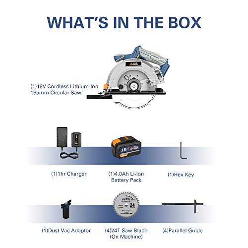 BLUE RIDGE 18V Akku Kreissäge Handkreissäge, 4.0Ah, 53mm bei 90 °, 36 mm bei 45°, Parallelführung, Vaccum Adapter, BR2803