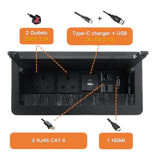 ZESHAN Table Power Socket Connectivity Box with UK Plug, USB C, HDMI, RJ45 Cat6, Fully Enclosed Bottom Box,1.8M Extension Cord, Black