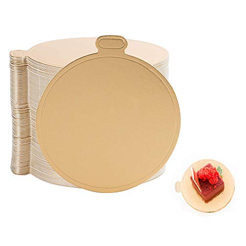 100-Pack Mini Cake Base Boards, Gold Mousse Cake Cardboard Set, Ideal for Dessert Buffet, Wedding, Parties, Catering Supplies (Round)