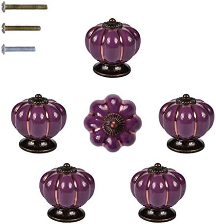 RiLiKar Vintage Pumpkin Cabinet Knobs 6 Pack Ceramic Drawer Dresser Home Kitchen Cupboard Door Knobs Pulls and Handles with 3 Kinds of Screws (Violet)