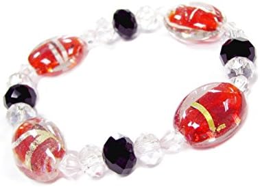 Linpeng LP09262012-03A Lampwork Glass Beads with Faceted Crystal Stretch Bracelet, Red Black Oval
