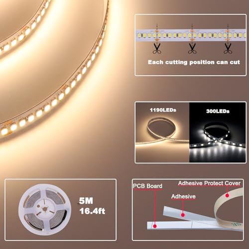 TOPAI Strip LED 24V 5 m 20W/m High brightness White Natural 4000K | 10 mm wide, 238LEDs/m, non-waterproof, self-adhesive, flexible cuttable, for kitchen and bedroom
