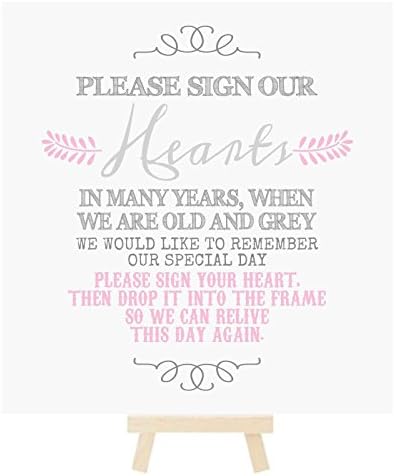 Sign Our Hearts Wedding Drop Top Guest Book Table Sign with Mini Wooden Easel in A Range of Pastel Colours (E9) (Pink and Grey)