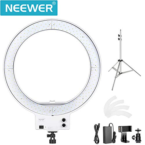 Neewer 18-inch White LED Ring Light with Silver Light Stand Lighting Kit Dimmable 50W 3200-5600K with Soft Filter, Hot Shoe Adapter, Cellphone Holder for Make-up Video Shooting