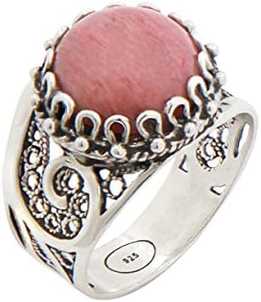 925 Sterling Silver Pink Rhodonite Round Filigree Paisley Ring (Size 6 - 10)
