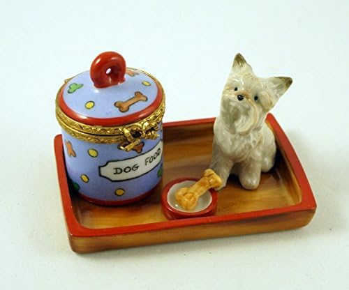 Authentic French Porcelain Hand Painted Limoges box Cute West Highland White Terrier Westie Dog Puppy with Dog Food Jar and Doggie treat Bone in Bowl
