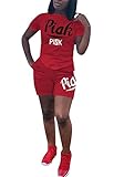 VLUNT Womens Letter Print Outfits Short Sleeves T Shirt and Short Pants 2 Piece Set Tracksuits