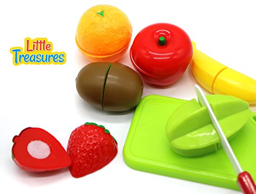 Little Treasures Play Cut Toy Food Fruit Take-Apart Toys Pretend Play Cut Slice & Chop Toy Foods With Cutting-Board, Fake Knife And Kids Toddles Shopping Basket (9 Piece Set) - Thumbnail 3