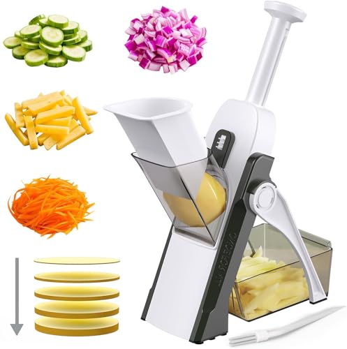 Depets 5 in 1 Mandolin Vertical, Safe Mandolin Chopper, Food Slicer, Slicer, Cuts into Strips, Julienne and Cubes, Adjustable Thickness from 1-8mm