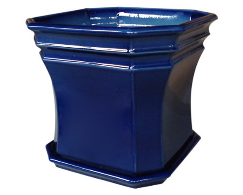 Pflanzkasten Neapel 38x38x32 cm mit Unterschale blau aus frostbeständiger Steinzeug - Keramik