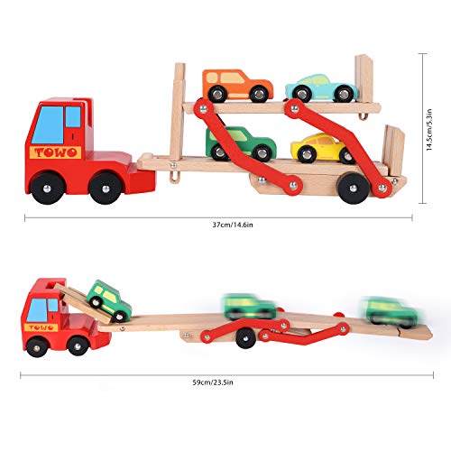 TOWO Wooden Car Transporter Toy Double Decker Trailer with 4 Cars ramp