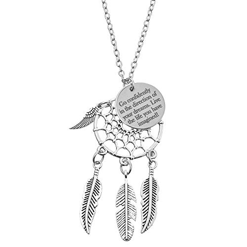 MJartoria Women's Dangling Feather Charms Filigree Tribal Dreamcatcher Pendant Chain Necklace (Go Confidently)