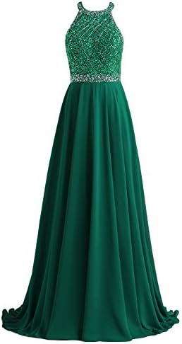 SeasonMall Women's Prom Dresses A Line Halter Open Back Chiffon & Tulle Dresses (Custom Fee, Dark Green)