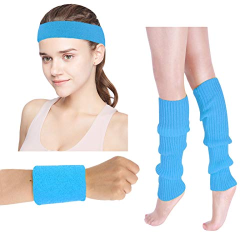 Women's 80s Costumes Accessories Neon Headband Wristband Leg Warmers Set for 1980s Theme Party Supplies(Neon Blue) - Thumbnail 2