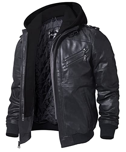 FLAVOR Echtes Lederjacke Herren Abnehmbarer Hoodie (S, Schwarz, s)