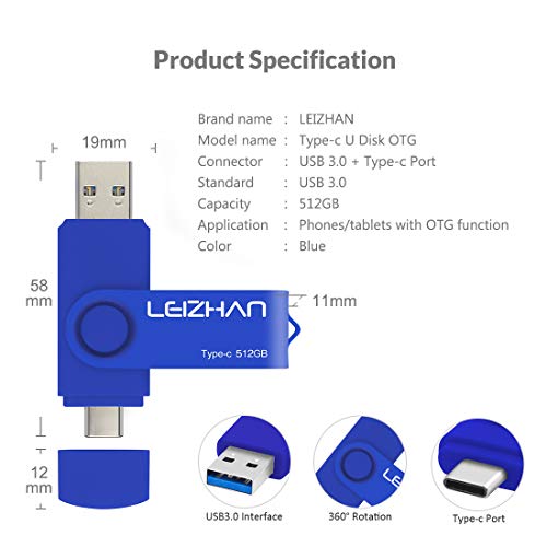 leizhan 128 gb USB Flash Drive USB 3.0 Type C Phone Picture Stick for Samsung Galaxy S10+, S10e, S10,S9, Note 9, S8, S8 Plus,Google Pixel XL Thumb Drive, Blue