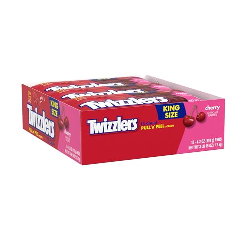 TWIZZLERS PULL ‘N’ PEEL CHERRY FLAVORED KING SIZE, LOW FAT CANDY PACKS, 4.2 OZ (15 COUNT)