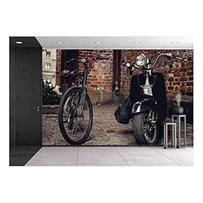 Retro Bicycle and Moto Scooter Over The Wall from Red Bricks - Removable Wall Mural | Self-Adhesive Large Wallpaper - 66x96 inches