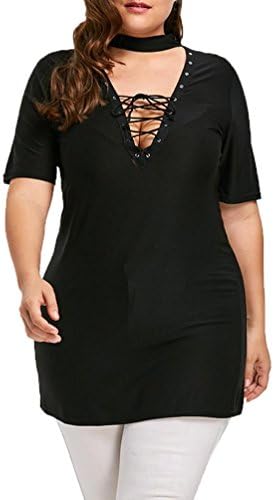 T - Shirt Dress for Women's, DRACLE Short Sleeve Lace Deep V-Neck Loose Plus Size Casual Tops Blouse Summer (XL, Black)