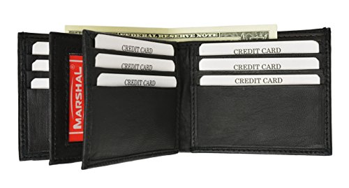Marshal RFID Leather Mens Wallet Black Bifold Fixed Flip 3 Window ID Organza Gift Bag