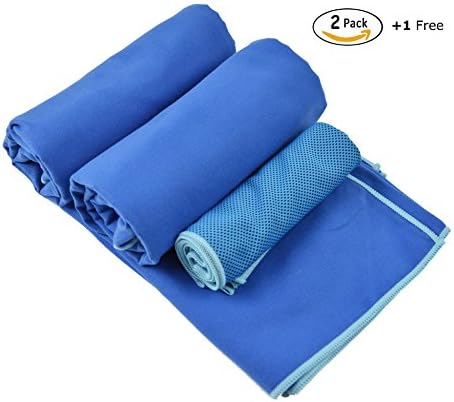 Microfiber Sports and Travel Towel (2 pack) +1 free cooling towel - Best for Camping, Gym, Beach, Swimming, Yoga, Pilates, Travel - Quick Dry Blue Turquoise-Border (18# Body and 15# Border)