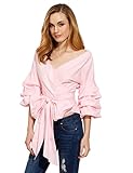 SheIn Women's Bow Waist-tie Ruffle Bell Sleeve Sweet Blouse Top Medium Pink