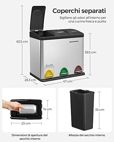 Cestino per Rifiuti da Cucina, 3 x 8 L Pattumiera Differenziata Piccolo Volume, Cestino Triplo in Acciaio, Pedali e Secchi Interni, Facile da Pulire, Argento e Nero LTB24L