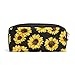 Students Pencil Case Pouch Yellow Blooming Sunflowers Black PU Leatehr Organizer Pen Holder Box Women Purse Wallet Waterproof Large Capacity Hand Mini Cosmetic Makeup Bag