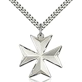 Sterling Silver Maltese Cross Pendant 7/8 X 7/8 inches with Heavy Curb Chain