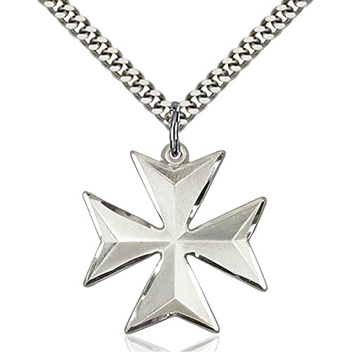 Sterling Silver Maltese Cross Pendant 7/8 X 7/8 inches with Heavy Curb Chain
