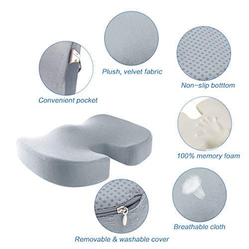 Essort Seat Cushion U-shaped Memory Foam Back Lumbar Support Provides Pillows Coccyx Sciatica Tailbone Relief For Office Chair Car Sofa Wheelchair Outdoor with Washable Cover Grey