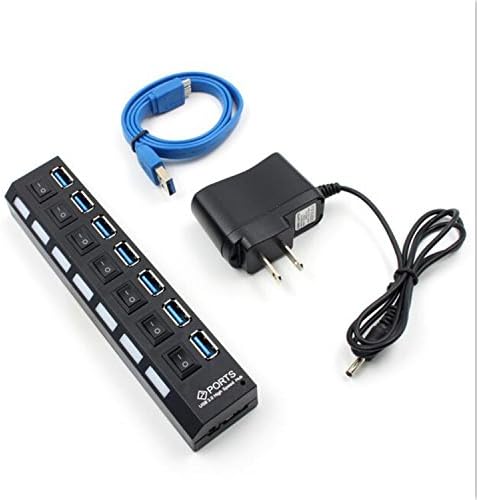 Junmin 7 Port USB 3.0 HUB 5Gbps High Speed +AC Power Adapter for PC Laptop Mac