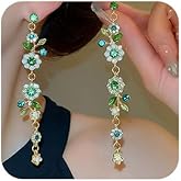 Missgrace Women Green Hypoallergenic Rhinestone Earrings Dangling Sparkly Purple Dangle Earrings Flower Leaf Chandelier Earrings Tassel Large Studs Crystal Statement Earrings for Women